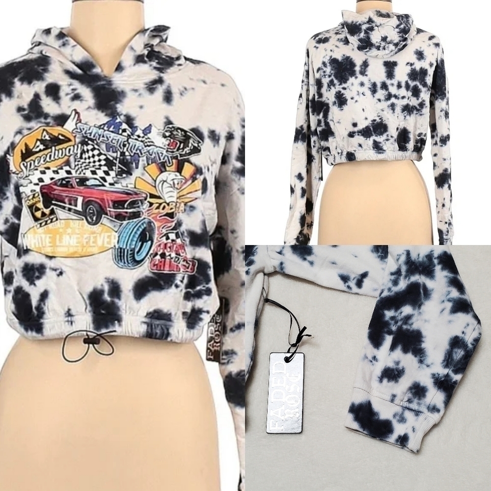 NWT Faded Rose Blue White Tie Dye Speedway Sunset Track Cropped Hoodie Medium